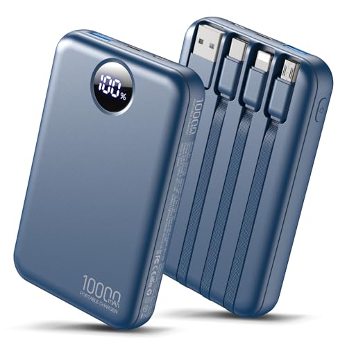 Portable Charger 10000mAh with 4 Built-in Cables 40% Smaller - color: Navy