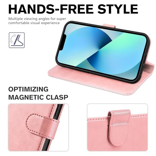 TUCCH Wallet Case for iPhone 13 (6.1") 2021, 3 Card Holders, Rose Gold | RFID Blocking, Viewing Stand, Shockproof TPU Shell, PU Leather, Magnetic Closure, Protective Folio Flip Cover - color: Pink