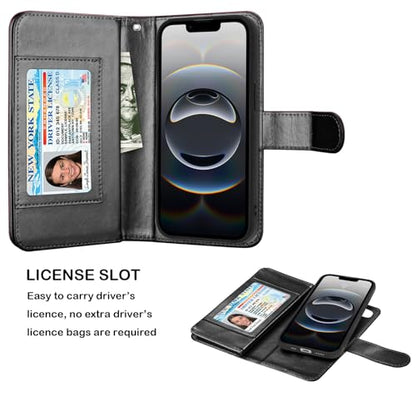 NJJEX Compatible with iPhone 16E Wallet Case, 9 Card Slots, Black | PU leather folio flip, detachable magnetic phone cover, integrated kickstand, included lanyard - color: Black, size: iPhone 16E