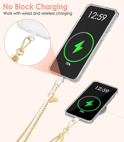MoKo Metal Phone Crossbody Chain Lanyard with Wrist Strap and 2 Patches - color: Pale Gold
