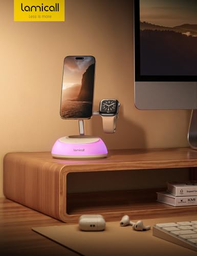 Lamicall 4-in-1 Qi2 Certified Wireless Charging Station for Magsafe, [LED Night Light] 15W Fast Magnetic Charger Stand Gifts, for iPhone 18 Pro/Max/Duo 17 16 15 14 13 12, Watch, Air pods, 30W Adapter