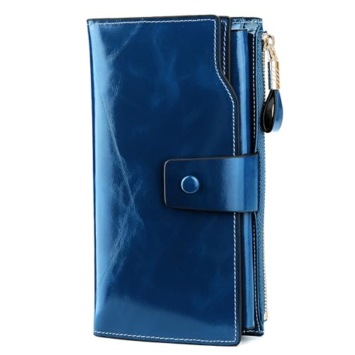 YALUXE Women's Real Leather Wallet RFID Protect 21 Card Slots Phone Pocket - color: 4- Waxed Blue, size: Genuine Leather