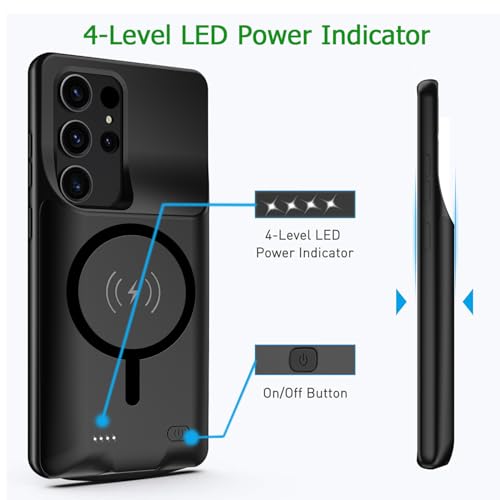 Battery Case for Galaxy S22 Ultra/S23 Ultra, 12000mAh High-Capacity Protective Rechargeable Extended Charger Case Compatible Magsafe with Galaxy S22/S23 Ultra(6.8 inch) Wireless Charging Cover-Black - size: Galaxy S22 Ultra/S23 Ultra