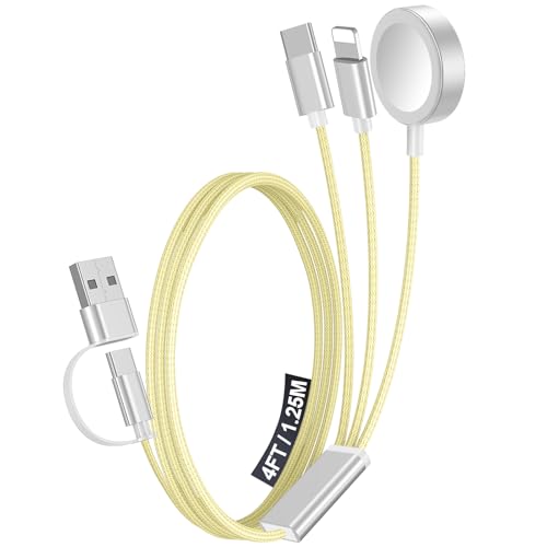 1Pack Travel Essentials for Apple Watch Charger,3-in-2 Multi Charging Cable - color: Yellow, size: 1Pack-4FT