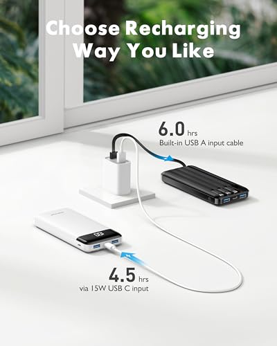 charmast 2 Pack Portable Charger, 10000mAh Power Bank Built-in Cables - color: Black+White