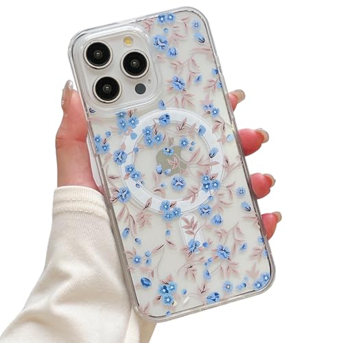 QLTYPRI Magnetic for iPhone 13 Pro Max Case Compatible with Magsafe, Cute Floral Flower Aesthetic Phone Case Slim Clear Anti-Yellowing Shockproof Phone Cover for Girls Women - Blue - color: Blue, size: iPhone 13 Pro Max