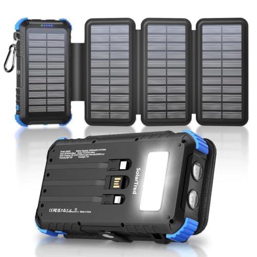 Solar Power Bank 20000mAh with 4 Panels and Build-in 3 Cables