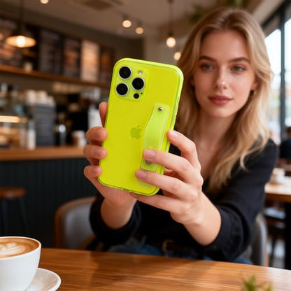 Strap Case for iPhone 13 Pro Max with Stand, Neon Green | Wrist Strap Kickstand, Adjustable Finger Hand Grip Loop, Slim Transparent Anti-Scratch Back, Soft Bumper Phone Cover - color: Neon Green, size: iPhone 13 Pro Max
