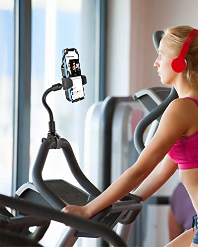 Gooseneck Spin Bike Phone Mount, Handlebar Clip Cell Phone Holder for Exercise Bicycle, Stationary Cycling, Stroller, Gym Treadmill for iPhone 17 Pro Max Air 16 15 14 13 12 and 4-7" Smartphones