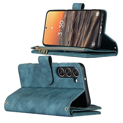 iCoverCase for Samsung Galaxy S23 Wallet Case with Card Holder, Kickstand Feature PU Leather Case with Adjustable Crossbody Lanyard Magnetic Clasp Zipper Pocket Flip Cover (Blue) - color: Blue, size: Galaxy S23