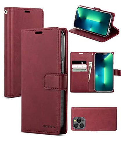 GOOSPERY Bluemoon Wallet Compatible with iPhone 13 Pro Case, Premium PU Leather Standing Feature Flip Card Holder Phone Cover (Wine) - color: Wine, size: iPhone 13 Pro