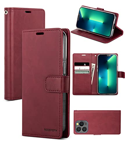 GOOSPERY Bluemoon Wallet Compatible with iPhone 13 Pro Max Case, Premium PU Leather Standing Feature Flip Card Holder Phone Cover (Wine) - color: Wine, size: iPhone 13 Pro Max