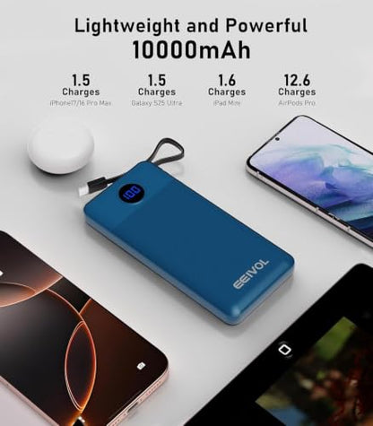 Portable Charger with 4 Built-in Cables, 10000mAh Power Bank, Blue - color: Blue