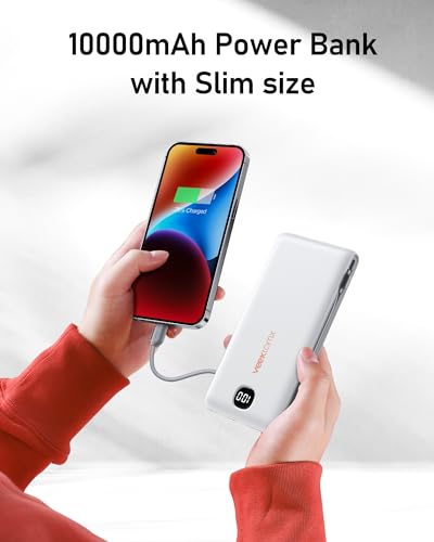 Portable Charger with Wall Plug and Built in Cables, VEEKTOMX 10000 Mah Power Bank, USB C Slim Battery Pack with LED Display Compatible with iPhone 18/17/16/15, Samsung