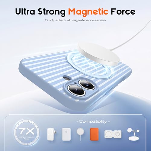 SKYLMW Striped Case for iPhone 16 Plus with Stand,6.7" Blue/White | Aesthetic Striped,Magnetic Stand,Compatible with Mag-Safe,Silicone 16 Plus Phone Case - color: Blue/White, size: Iphone 16 Plus