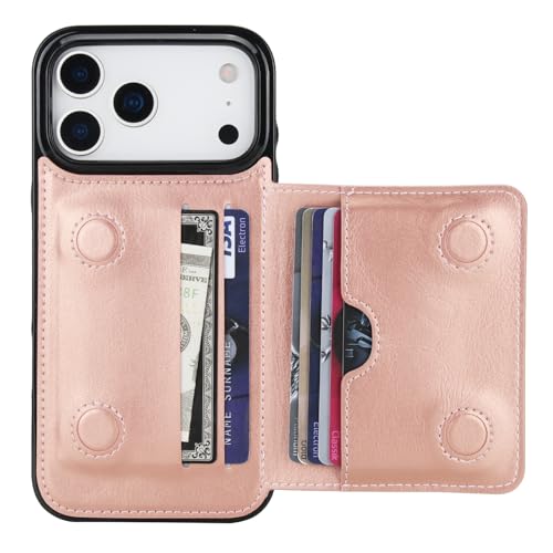 KIHUWEY Compatible with iPhone 17 Pro Max Wallet Case Credit Card Holder, Premium Leather Kickstand Flip Hidden Magnetic Clasp Durable Shockproof Protective Cover for 6.9 inch (Rose Gold) - color: Rose Gold