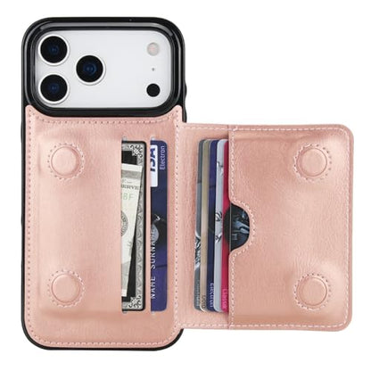 KIHUWEY Compatible with iPhone 17 Pro Max Wallet Case Credit Card Holder, Premium Leather Kickstand Flip Hidden Magnetic Clasp Durable Shockproof Protective Cover for 6.9 inch (Rose Gold) - color: Rose Gold