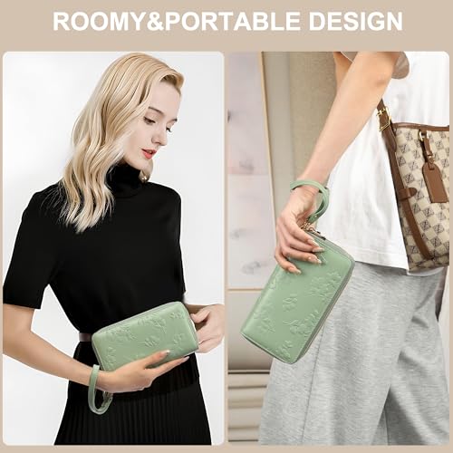 yiijay Womens Wallet RFID Blocking Large Capacity Vegan Leather Double Zip Wristlet Wallet Card Holder Travel Ladies Clutch - color: Light Green