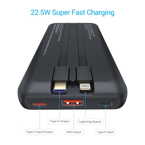 Antteez Portable Charger with Built in Cable - 10000mAh Fast Charging 22.5W Power Bank USB C LED Display Travel Battery Pack 4 Outputs & 2 Inputs for iPhone Samsung iPad Phones Tablets