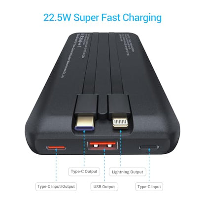 Antteez Portable Charger with Built in Cable - 10000mAh Fast Charging 22.5W Power Bank USB C LED Display Travel Battery Pack 4 Outputs & 2 Inputs for iPhone Samsung iPad Phones Tablets