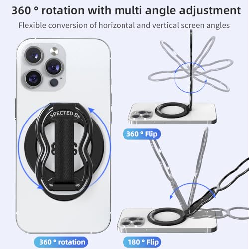 RESPECTED-BRO-Magnetic-Phone-Grip-Stand-with-Finger-Strap, 4-in-1 Magnetic Ring Holder, Kickstand and Elastic Strap for Phones, Universal Fit for iPhone 17/16/15/14/13/12, Android, and Cases (Black) - color: Black