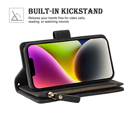 RANYOK Wallet Case Compatible with iPhone 13/14 (6.1 inch), Premium PU Leather Zipper Flip Folio Wallet RFID Blocking with Wrist Strap Magnetic Closure Built-in Kickstand Protective Case (Black) - color: Black