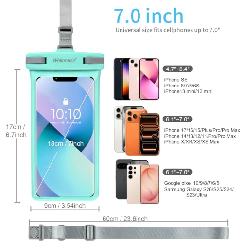 wellhouse Waterproof Phone Pouch, Waterproof Phone Case for iPhone17 16 15 14 13 Pro Max XS Samsung, IPX8 3D Cellphone Dry Bag Beach Essentials (2 Pack - Green & White7.0, 7 inch) - color: 2 Pack - Green & White7.0"