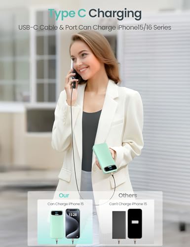 aonidi Portable Charger 12000mAh with Built-in Cables&AC Wall Plug, Green - color: Green