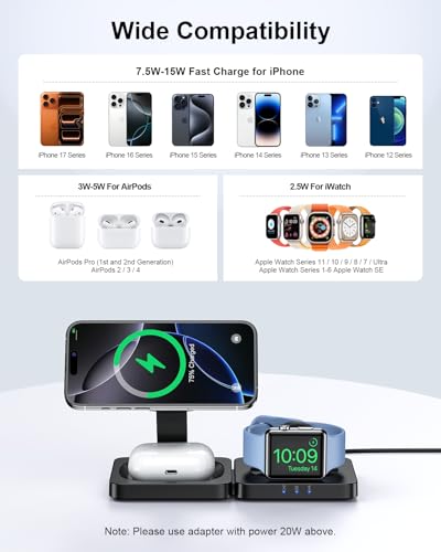 Traveling Magnetic Wireless Charging Station - ADADPU 3 in 1 Foldable Charger Stand for Apple Devices, Travel Charging Pad for iPhone 18 Pro Max 17 16 15 14 13 12 Series, for Apple Watch AirPods,Black