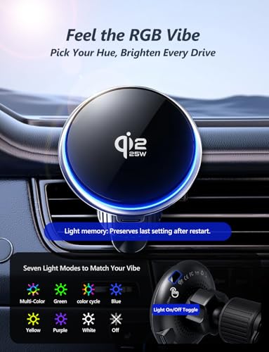 for Qi2.2 25W magsafe car mount charger, Magnetic Phone Holder with RGB Light, Wireless Car Charger 25W, Fast Charging For iPhone 17 Pro Max 16-12 Series, Galaxy S26 Ultra, Google Pixel 10 Pro