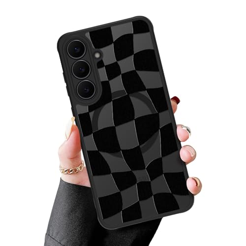 MZELQ Magnetic Case for Samsung Galaxy S25 FE, Clear Checkered | [Compatible with Magsafe Charging] Translucent Matte Hard Shockproof Camera Protection Cover for Women Men, Frosted Black - color: Black (Checkered), size: Samsung Galaxy S25 FE