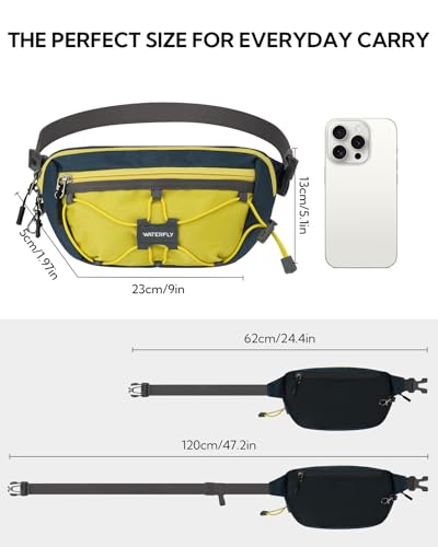 WATERFLY Small Fanny Pack RFID Blocking Travel Hiking Crossbody Waist Bag | Anti-theft design, Water resistant, Lockable zipper, Hidden rear pocket, Lightweight hip belt bag, EDC Running, Cycling, Gym - color: Yellow-Blue
