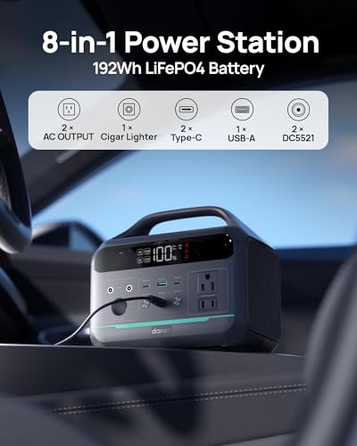 DaranEner Portable Power Station 300W (600W Surge), 192Wh LiFePO4 Lightweight Battery Backup, Solar Generator with 110V AC Outlet | 8-Port Fast Charging Power Supply for Home Emergency, Camping, RV