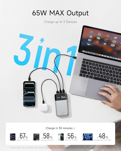CUKTECH 15 Air Power Bank, 15,000mAh Slim Portable Charger, 65W Fast Charging, 3-Port Battery Pack for Laptop & Phone, for Mobile Office/Business Trip, for MacBook, iPhone, Samsung, Google Pixel