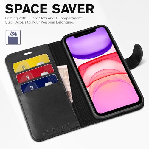 TUCCH Wallet Case for iPhone 11 (6.1") 2019, 3 Card Holders, Black | RFID Blocking, Viewing Stand, Shockproof TPU Shell, PU Leather, Magnetic Closure, Protective Folio Flip Cover - color: Black