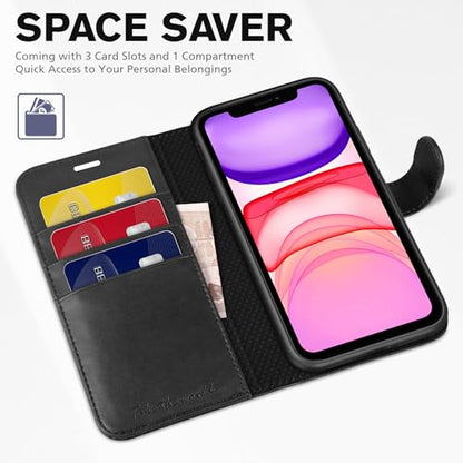 TUCCH Wallet Case for iPhone 11 (6.1") 2019, 3 Card Holders, Black | RFID Blocking, Viewing Stand, Shockproof TPU Shell, PU Leather, Magnetic Closure, Protective Folio Flip Cover - color: Black