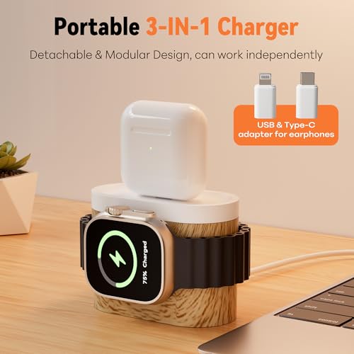 7 in 1 Clock with Charging Station, Charger with Alarm Clock Night Light - color: Wood
