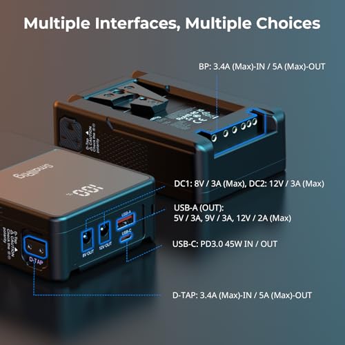 SMALLRIG V Mount Battery VB50, 50Wh / 3400mAh PD45W Mini V-Mount Battery | 1.5H Full Charge, with USB-C, D-TAP, USB-A, Dual DC Ports, OLED Screen, for Cameras, Phones, Camcorders, Monitors
