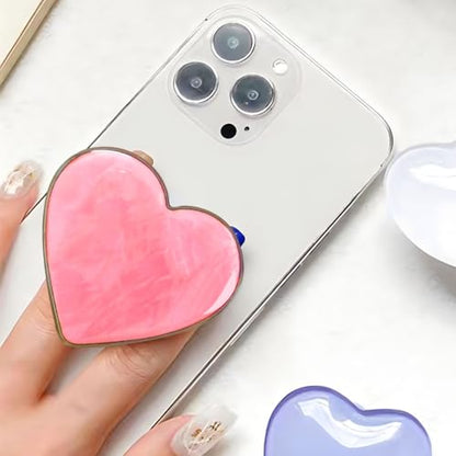 PGONA Cute Pink Heart Collapsible Phone Grip - Kawaii Seashell Pattern Love Handle Phone Stand Holder for Women, Compatible with Kindle, iPad, iPhone