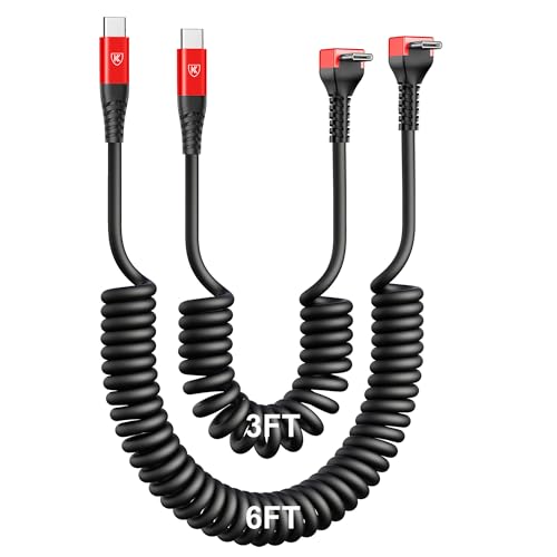 Coiled USB C Cable for Car [3FT/6FT] 90 Degree USB C to C Cable 60W 3A Fast - color: Red, size: 3FT+6FT