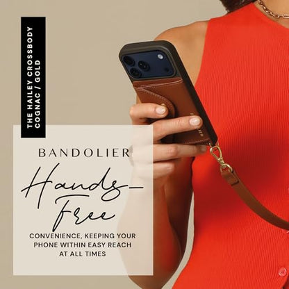 Bandolier Hailey Leather Crossbody Phone Case iPhone 15 Pro- Cognac | Crossbody leather phone case. Built-in wallet w/ snap-closure. Adjustable & removable leather strap. Phone drop protection. - color: Cognac/Gold, size: iPhone 15 Pro