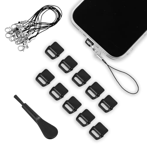 cobee 10 Pcs USB C Port Cover, Phone USB C Dust Plug Charm with Tab Lanyard Cleaning Brush, Charging Port Cleaner Dust Plug Speaker Cover for Type C Port Device(Black)