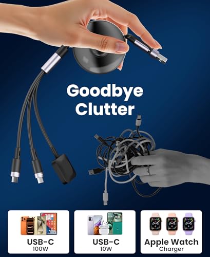 100W Retractable 2X USB-C Charging Cable with Apple Watch Charger - 3-in-1 Dual USB C (100W/10W) and iWatch Fast Charger, Portable Travel Multi Charge Cord for iPhone 15/16/17, iPad, Android, MacBook
