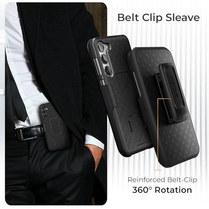 MOTIVE for Samsung Galaxy s23 Plus Case with Belt Clip, Kickstand | 6.6" | Ranger v1 Series, Black, 360° holster, open-top/bottom port access grip, slim - size: S23 Plus