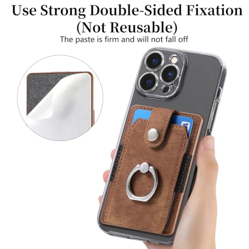Cell Phone Card Holder with Ring Grip,Adhesive Phone Card Wallet,Brown - color: Brown