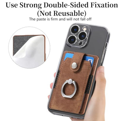Cell Phone Card Holder with Ring Grip,Adhesive Phone Card Wallet,Brown - color: Brown