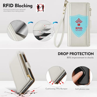 Antsturdy for iPhone 14 Pro Phone Wallet Case Women,Beige | RFID Blocking,with Credit Card Holder Slots,PU Leather Purse,Zipper Pocket,Wrist Strap Kickstand,Flip Folio Cover for Men - color: Beige