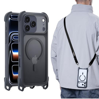 MAGEASY Odyssey MagSafe Crossbody iPhone Case with Strap for iPhone 17 Pro Max 6.9", 20ft Drop Protection, TPU Leather Shoulder Phone Carrying Case with Adjustable Lanyard (Midnight) - color: Midnight, size: iPhone 17 Pro Max