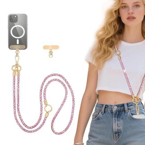 Crystal Phone Lanyard Crossbody Adjustable Rhinestone Anti-Theft Phone Strap Crossbody Cell Phone Neck Strap for Women - color: Pink