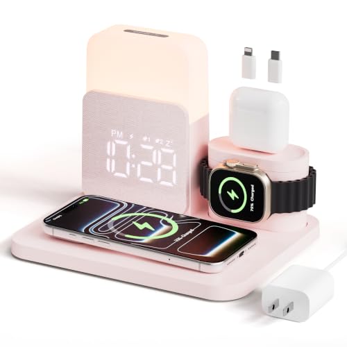 7 in 1 Wireless Charging Station, 25W Charger with Alarm Clock Night Light - color: Pink